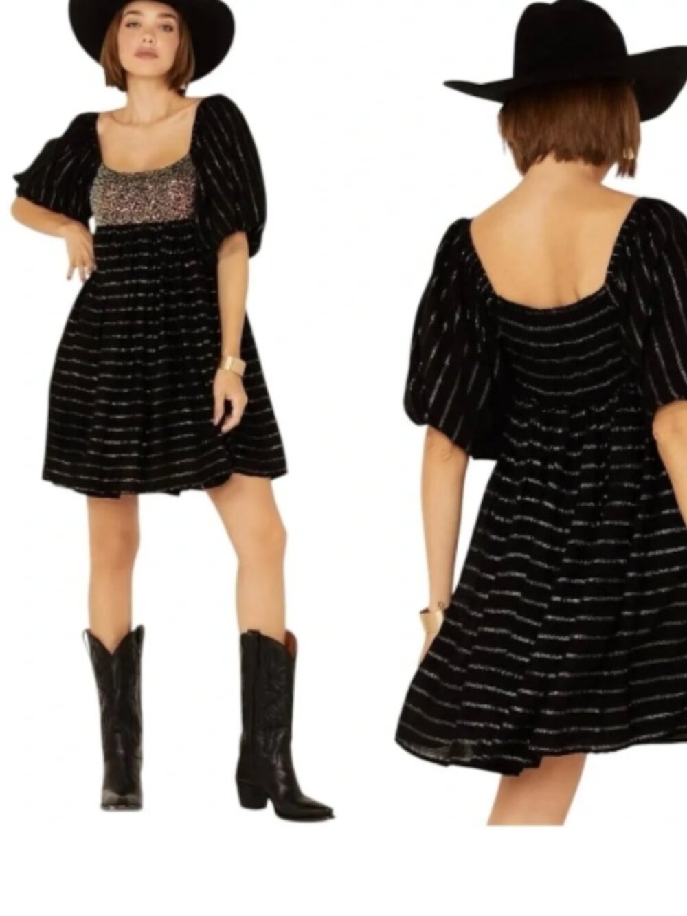 NWT By Together Sequin & Lurex Striped Baby Doll Mini Dress Black and Gold Small